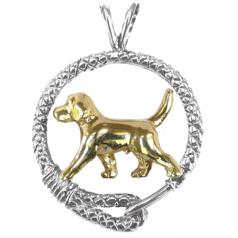 Beagle in Solid 14K Gold and Sterling Silver Leash Pendant