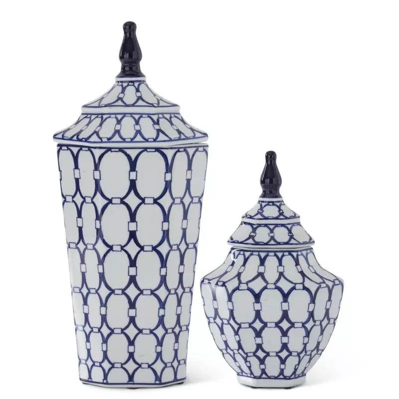 Blue & White Oval Print Ornate Porcelain Lidded Container – Sold Individually