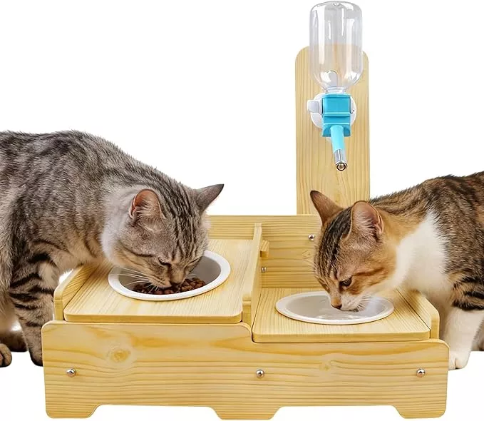 Dog Water Dispenser Wooden – Adjustable Height 2 Bowls, Cat Food Feeder, Puppy Kitten Pet Animal Indoor | Puppy Kitten Pet Animal Indoor Home Living Room Balcony Apartment Outdoor Garden