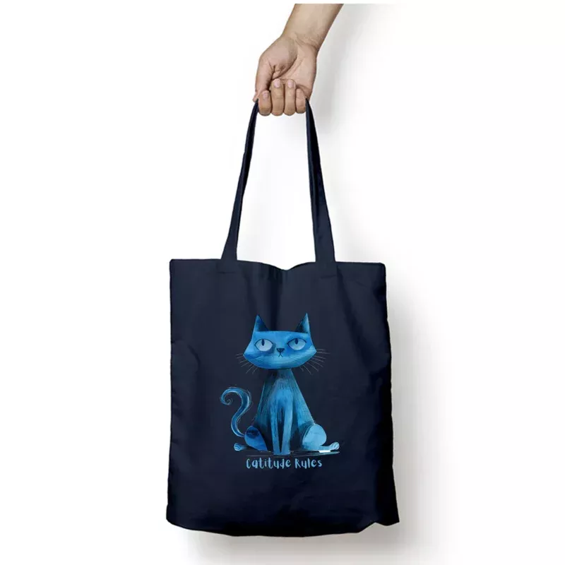 EverythingBoho Catitude Zipped Tote Bag (Navy Blue)