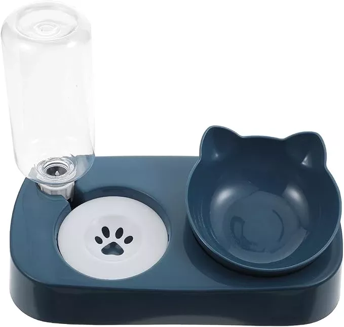 FRCOLOR Multi-Function Pet Food and Automatic Water Dispenser Bowl, Blue Anti-Spill Raised Feeder for Cats and Dogs, Feeding Dish Suitable for Home Use