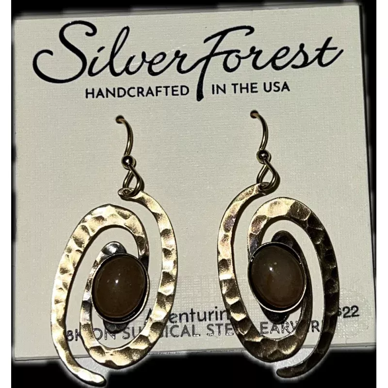 Hammered Coil & Oval Cabochon Earrings