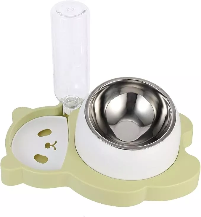 jojofuny Pet Water Feeder and Cat Food Bowl, Multi-Function Stainless Steel Dog Bowl with Neck Protection, Automatic Water Dispenser for Cats and Dogs, Fresh Green, Suitable for Home
