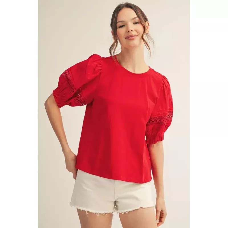 Madison Short Puff Sleeves Solid Fabric Mix Lovely Top