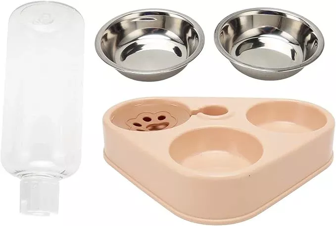 Pet Food & Water Bowl Set, Automatic Refill Bottle with Non Slip Base, Stainless Steel Bowls for Cats and Dogs, Pink