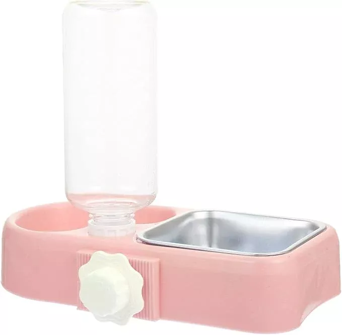 POPETPOP Automatic Refill Pet Water Bowl and Hanging Dog Food Feeder Set, Anti-Skid Detachable Dog and Cat Bowls for Cage Use, Pink Raised Feeding Station for Puppies and Small Pets