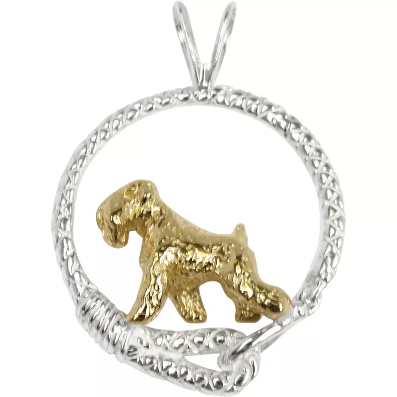 Solid 14K Gold Soft Coated Wheaten Terrier in Sterling Silver Leash Pendant