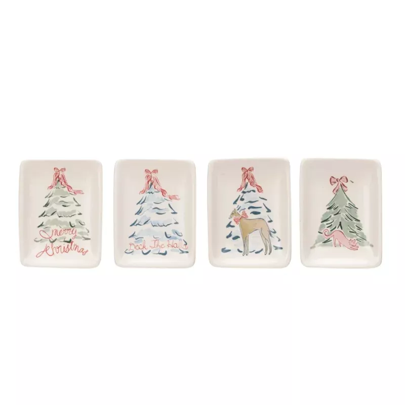 Stoneware Dish With Christmas Tree & Animal/Saying