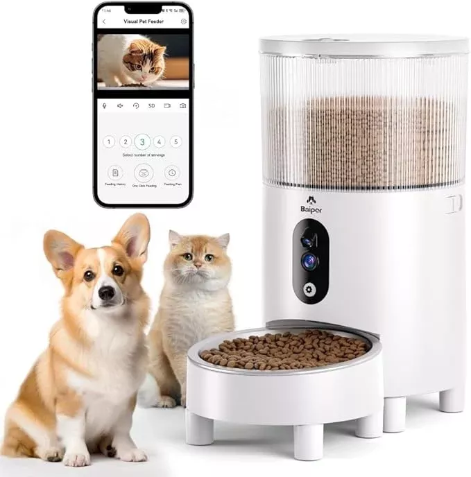 Two Pore Automatic Cat&Dog Feeder with Camera 2K HD Video with Night Vision 5G WiFi Pet Feeder with 2-Way Audio Low Food & Blockage Sensor Motion & Sound Alerts for Cat & Dog Single Tray White
