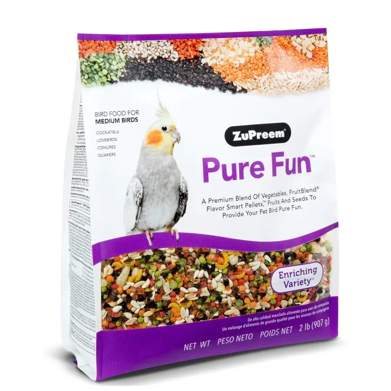 ZuPreem Pure Fun Bird Food for Medium Birds, 2 lb – Variety Blend of Vegetables, FruitBlend Pellets, Fruit, Seeds for Lovebirds, Quakers, Small Conures, Cockatiels