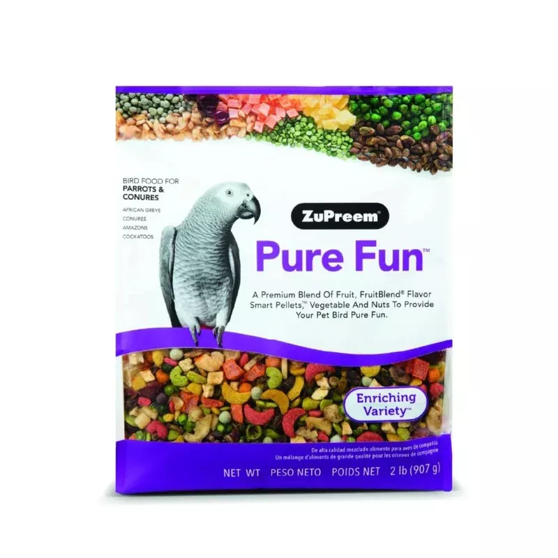 ZuPreem Pure Fun Bird Food for Parrots & Conures, 2 lb – Blend of Fruit, FruitBlend Pellets, Vegetables, Nuts for African Greys, Senegals, Amazons, Eclectus, Small Cockatoos